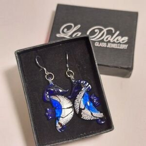 Art Glass Blue Seahorse Dangle Earrings - La Dolce Glass Jewelry - Beach Ocean